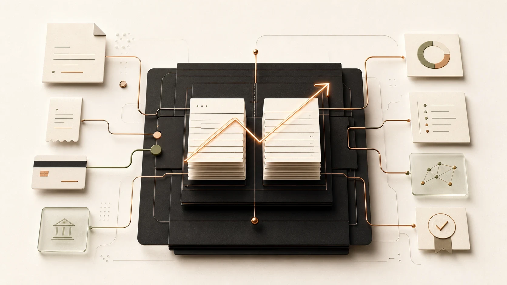 Documents, payments, and bank feeds wired through a central double-entry ledger that produces reports and verified outputs