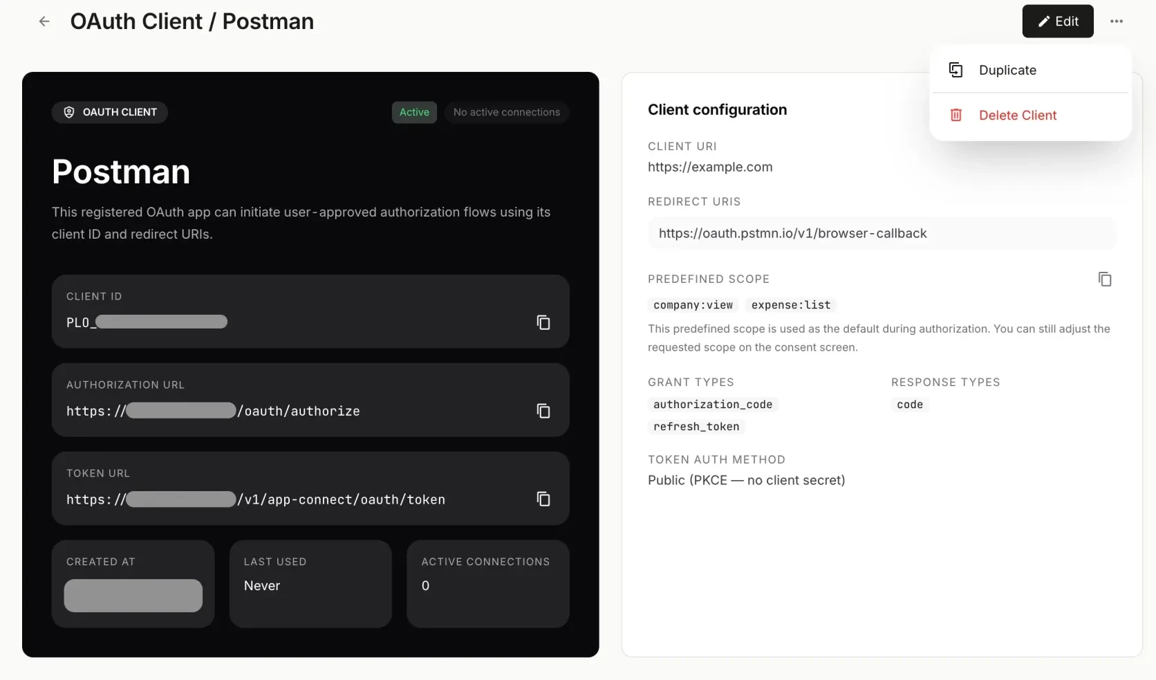 Paprel OAuth 2.0 application detail screen