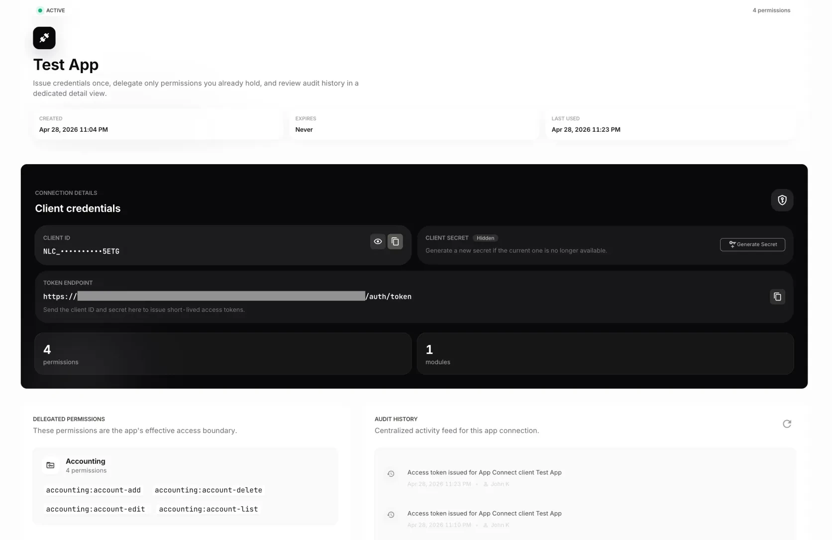 Paprel API credential detail screen showing scope and access settings