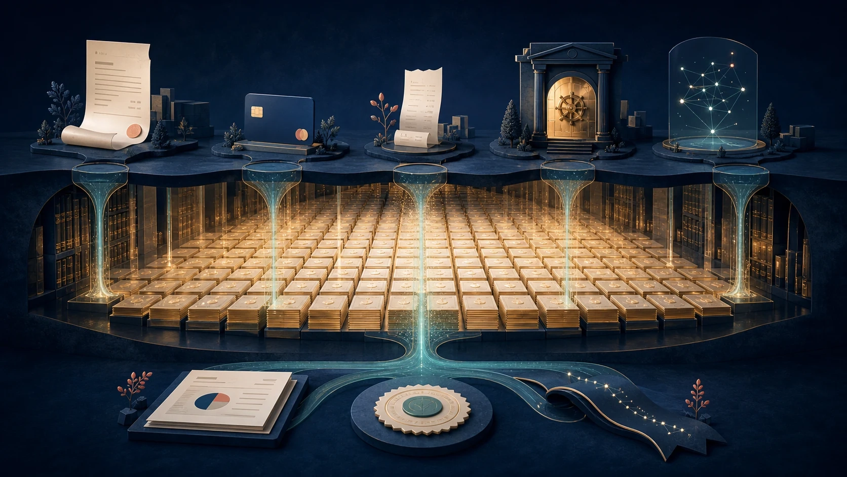 The embedded ledger under a SaaS product Product documents, payments, and bank feeds flowing into an ordered ledger of balanced records beneath the surface, resolving into a verified report