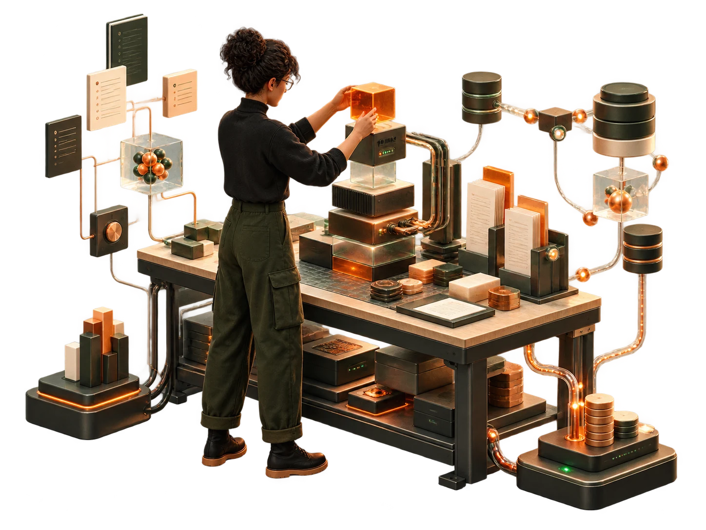 A software builder assembling connected accounting infrastructure modules